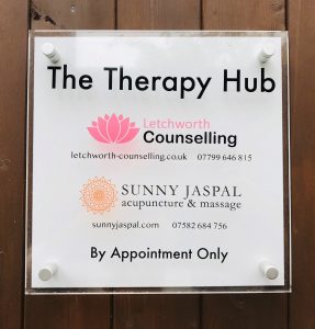 Sign for the Therapy Hub, private treatment room for counselling & psychotherapy and supervision